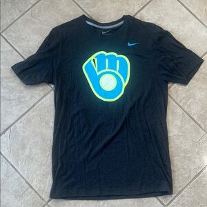 Nike Dark Grey Tee with Neon Glove Design. Milwaukee Brewers